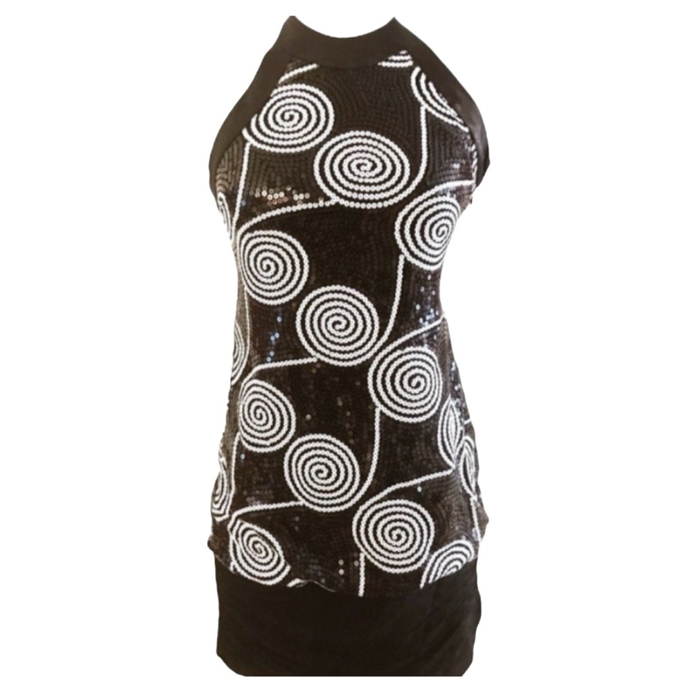 Vintage 1990’s Cache Black & White Sequin Bodycon Dress, Size 2 Small